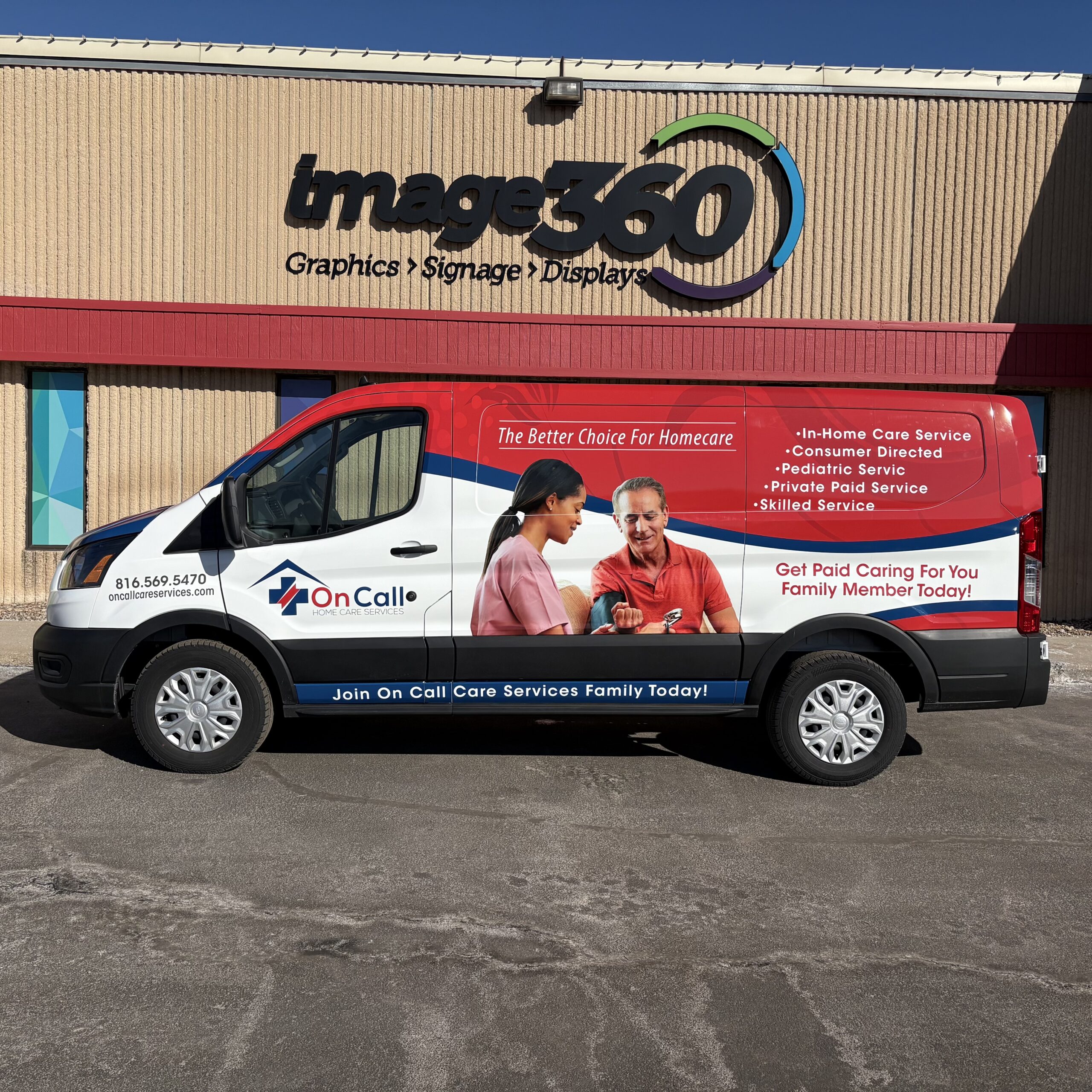 Red, white and blue full vehicle wrap on an On Call Care Services van in Kansas City